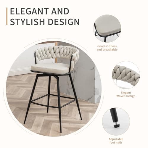 Modern Beige 360° Swivel Bar Stool Set, 26" Counter Height