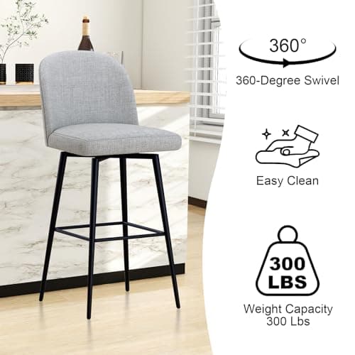 Modern Swivel Bar Stools Set of 2, High Back 30 Height with Metal Legs, Light Grey Linen Fabric Counter Height Bar Chair for Bar, Kitchen, Dining Room