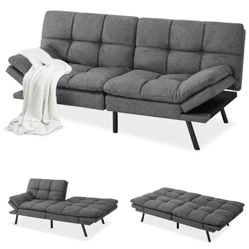 Convertible Memory Foam Futon Sofa Bed with Adjustable Backrest and Armrests, Dark Grey