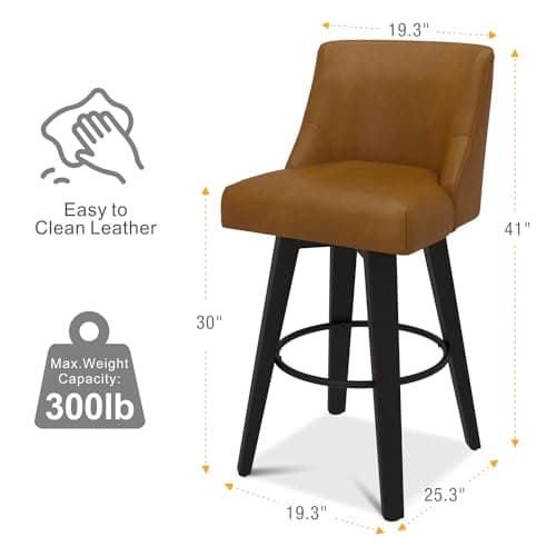 Swivel Counter Height Bar Stools Set of 2 with Back, 30 Inch Height, Solid Wood Stand, Faux Leather Upholstery, Thick Cushion Back - Whisky