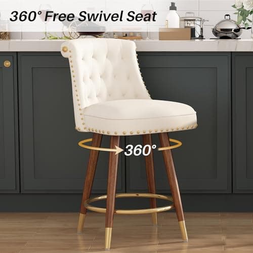 4-Piece 360° Swivel Bar Stool Set, Velvet Upholstered with Back and Footrest, Beige Fabric, Counter Height 24" Seat