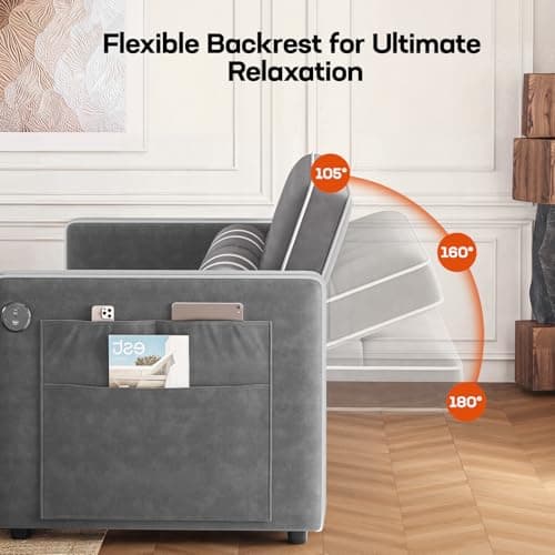 Amada 3-in-1 Convertible Sleeper Loveseat, Grey Velvet Couch with USB Ports