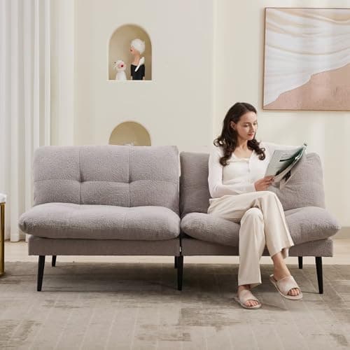 Beige Adjustable Futon Love Seat for Small Spaces