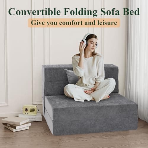 HOMFINE Folding Sofa Bed - Convertible Chair with Pillow, Gray