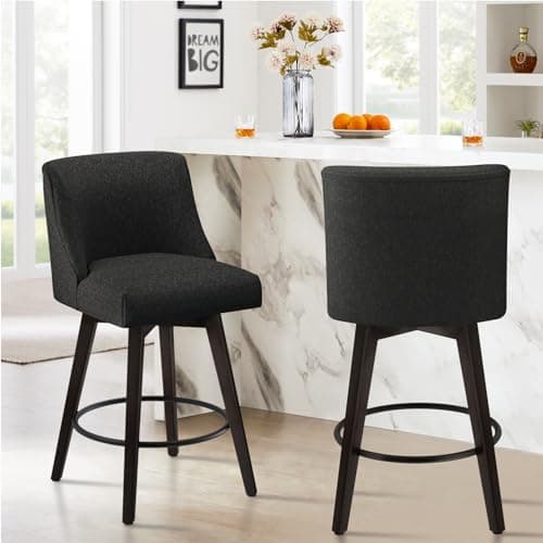 Modern 360° Swivel Bar Stools with High Backrest, Fabric Bar Stool for Bar, Kitchen and Dining Room (Flax Black)