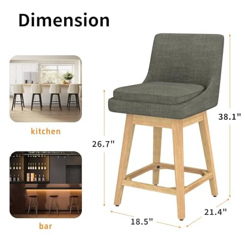 Memory Foam Upholstered Barstool Set, 26.8 Seat Height, Linen Deep Grey