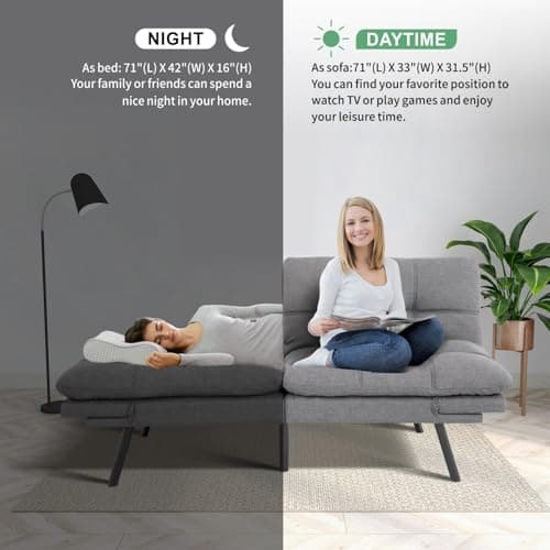 MUUEGM 71" Memory Foam Futon Sofa Bed, Adjustible Backrest, Light Grey Fabric
