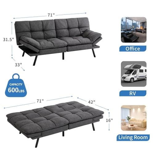 Convertible Memory Foam Futon Sofa Bed with Adjustable Backrest and Armrests, Dark Grey
