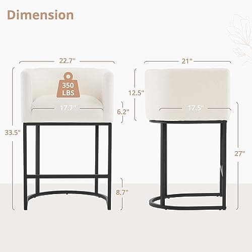 LUE BONA Black Metal Counter Stools with Backrest, Set of 2, Linen Upholstery, Beige Accent