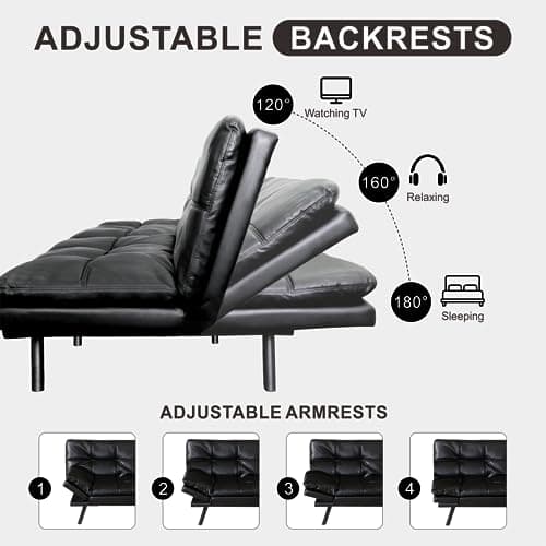 Black Memory Foam Futon Sofa Bed for Small Space Apartment Office, Adjustable Backrest and Armrest - 71 Love Seat
