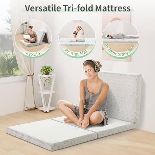 Tri-fold Memory Foam Mattress, Foldable Mattress with Removable Cover, Certified Full Size Foldable Mattress Topper