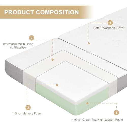 6 Inch Memory Foam Tri-fold Mattress for Camping and Travel, Twin