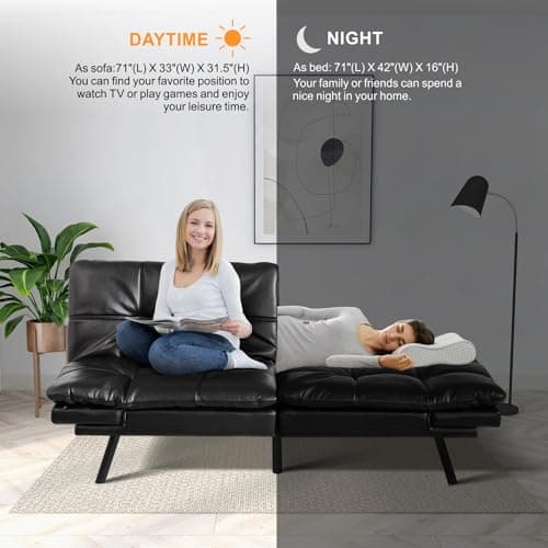Memory Foam Futon Sofa Bed, Convertible Couch for Compact Spaces, Office and Apartment, Black Faux Leather