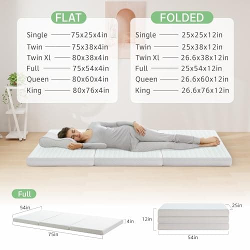 Tri-fold Memory Foam Mattress, Foldable Mattress with Removable Cover, Certified Full Size Foldable Mattress Topper