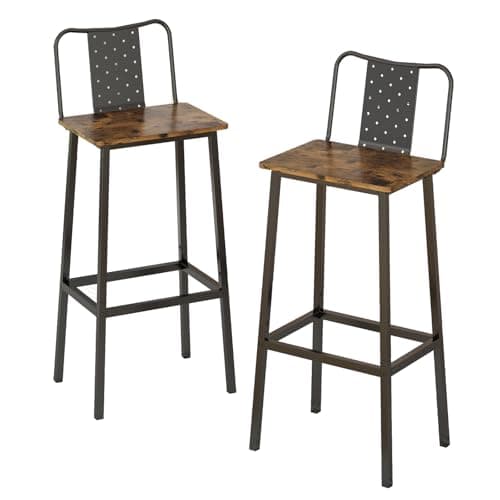 GILLAS Rustic Brown Bar Stools with Backrest and Footrest, Industrial Style