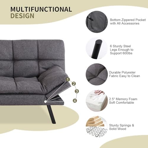 Convertible Memory Foam Futon Sofa Bed with Adjustable Armrests, Modern Love Seat for Living Room, Small Room, and Office