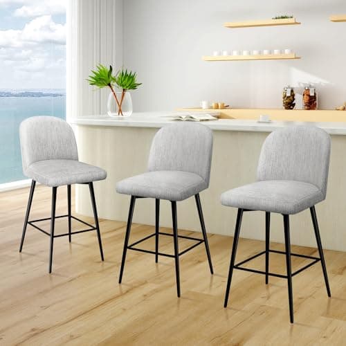 Modern 360° Swivel Bar Stools Set of 3, High Back Linen Fabric Counter Height Chairs