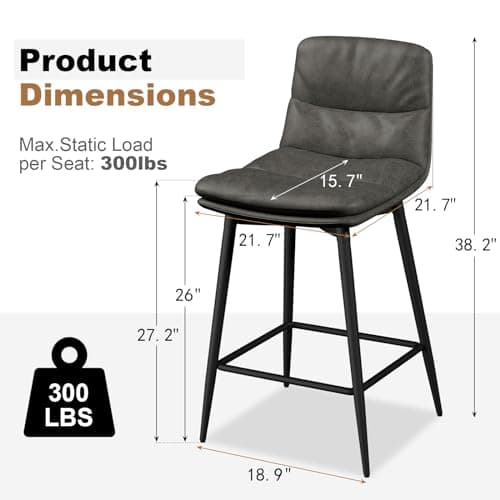 Upholstered Bar Stools Set of 2 with Back and Metal Legs for Kitchen Island - Dark Grey