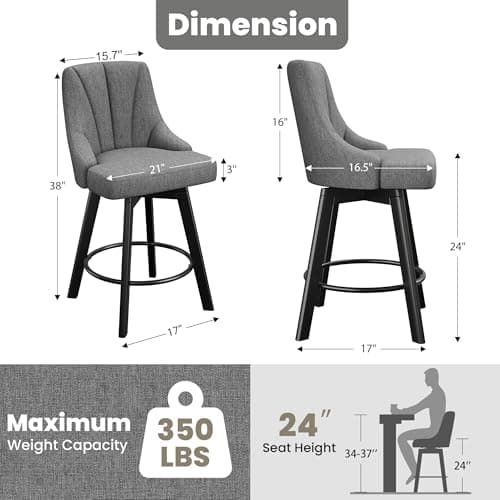 Dark Gray Fabric Upholstered Counter Height Bar Stools with Back, Set of 2
