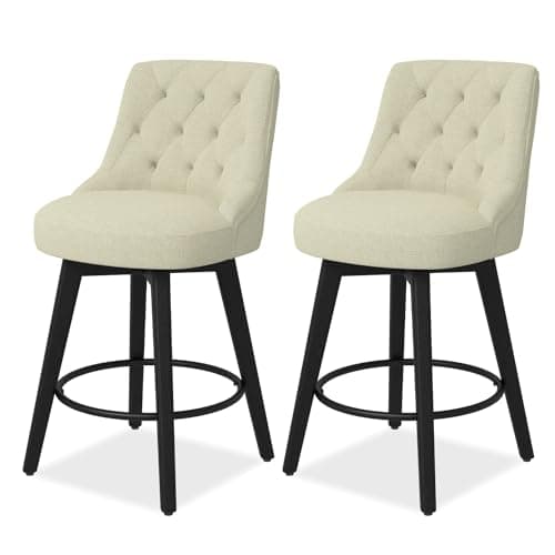 Modern Swivel Bar Stools Set of 2, Counter Height with Back, Solid Wood Legs, Ivory White
