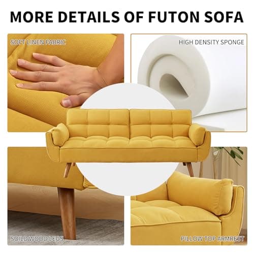 Golden Yellow Convertible Futon 3 Seater Sofa Bed, Linen Upholstery, Modern Design