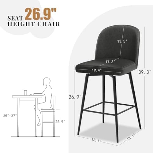 Set of 3 Counter Height Swivel Bar Stools with Backs and Footrest, Black