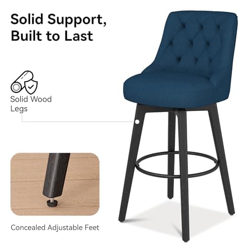 30 Swivel Bar Stools Set of 2 with Back and Solid Wood Legs, Navy Fabric