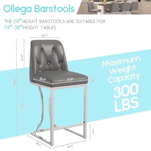 Grey Counter Stools with Back, Silver Metal Frame, Set of 4
