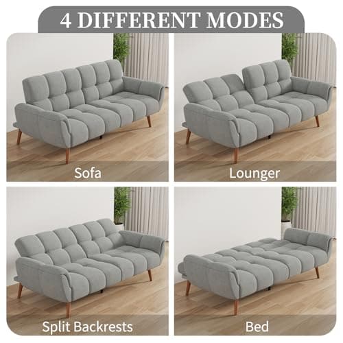 Modern Linen Futon Sofa Bed with Adjustable Backrest, Gray