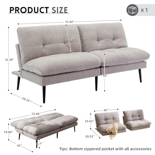 Grey Convertible Splitback Futon Sofa Bed with Adjustable Backrest
