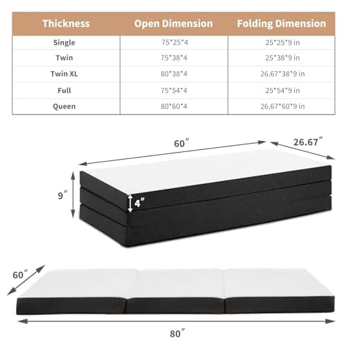 DUMOS 4" Tri-Fold Memory Foam Foldable Mattress, 80"×60"×4", White