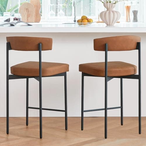 Modern Brown Faux Leather Bar Stool Set, 24 Inch Curved Back, Kitchen Island Counter Height