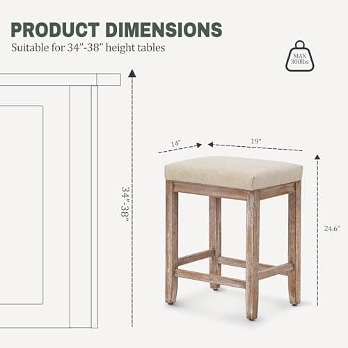 Modern Khaki Faux Leather Bar Stool Set, Counter Height 3 Pack Wood Legs