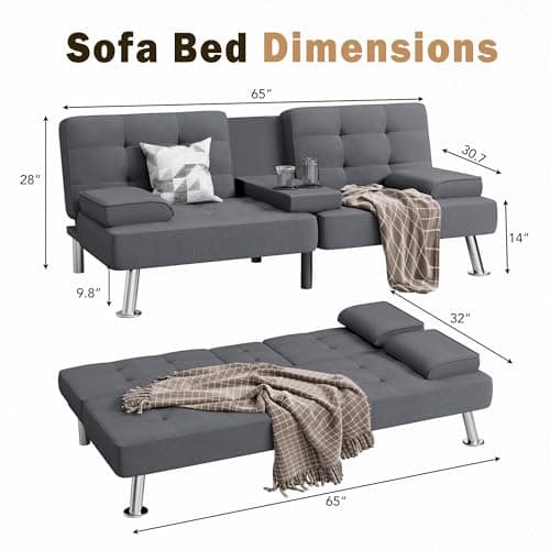 Shahoo Dark Grey Linen Convertible Futon Sofa Bed with Removable Arms