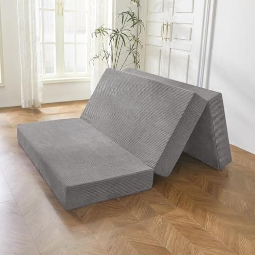 BYBYME 6 Inch Gel Tri-Folding Corduroy Mattress, Washable Cover (Grey, Full)