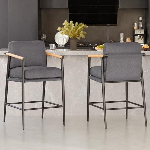 Watson & Whitely Mid Century Modern Barstools, Beige Fabric, 26" H