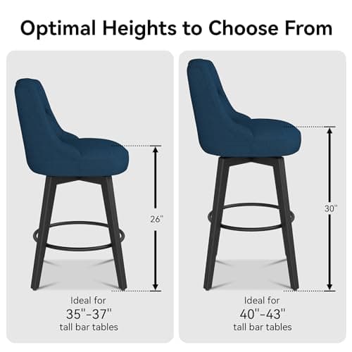 30 Swivel Bar Stools Set of 2 with Back and Solid Wood Legs, Navy Fabric