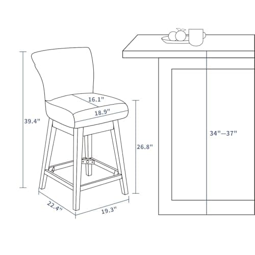 Modern 26 Counter Height Bar Stools Set of 2 with 360° Swivel and High Backrest in Light Grey Fabric for Kitchen and Bar