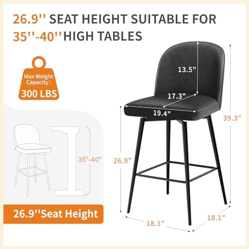 360° Swivel Leather Bar Stools Set of 3, Counter Height Chairs with Metal Legs