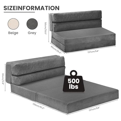 Grey Full Size Folding Sofa Bed, Convertible Sleep Chair Living Room Bedroom