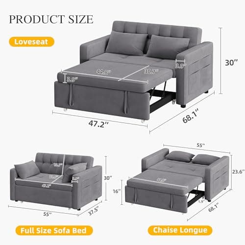 3-in-1 Cat-Scratch-Proof Grey Sofa Bed, 55" Living Room Loveseat with Pull-Out Bed and Adjust Backrest