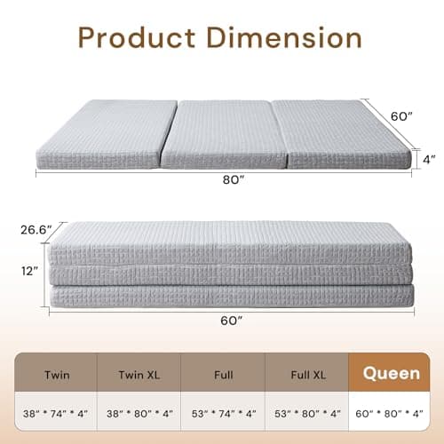 4-Inch Memory Foam Guest Floor Mattress, Tri-Fold Portable, Grey Queen Size