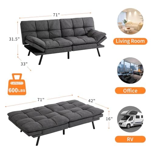 Memory Foam Futon Sofa Bed for Living Room, Adjustable Backrest Sleeper Twin Couch for Apartment