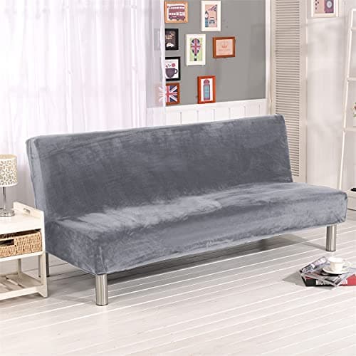 Silver Gray Thick Plush Futon Cover for Stretch Armless Sofa Bed