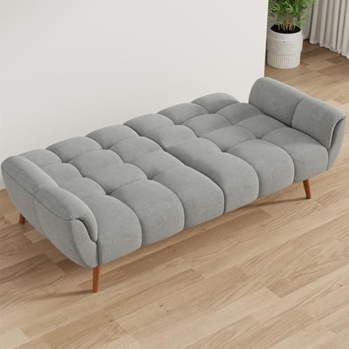 Modern Linen Futon Sofa Bed with Adjustable Backrest, Gray