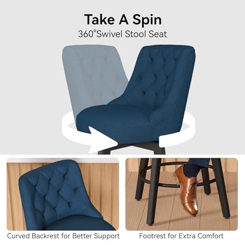 30 Swivel Bar Stools Set of 2 with Back and Solid Wood Legs, Navy Fabric