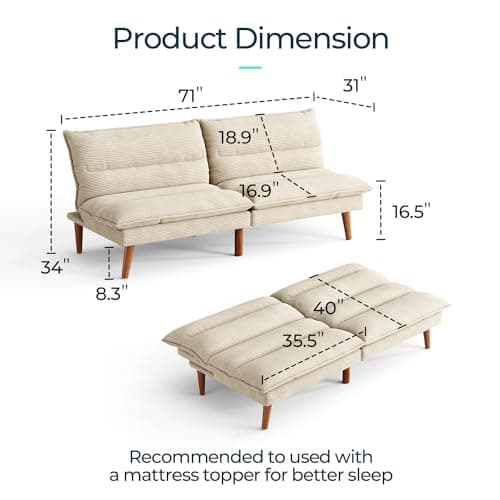 LINSY 71 Inch Beige Adjustable Backrest Futon Sofa Bed