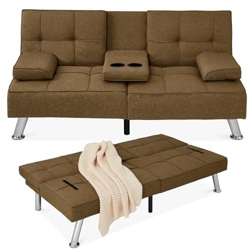Best Choice Products Reclining Linen Folding Futon Sofa Bed, 2 Cupholders - Black