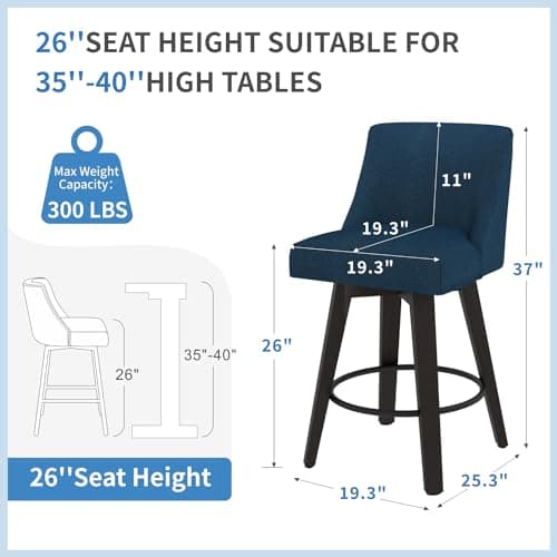 360°Swivel Counter Height Bar Stool Set, 26in Modern Navy Blue Kitchen Chair with Wooden Legs and Back.