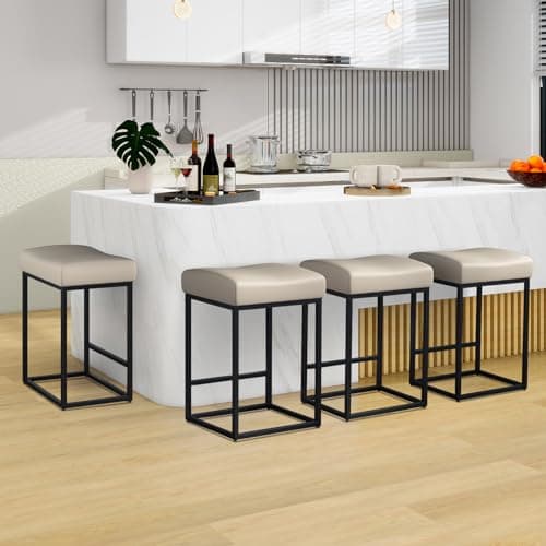 Set of 4 Modern Kitchen Barstools with Metal Base, 25 inch Counter Height, Light Grey PU Leather Saddle Stools